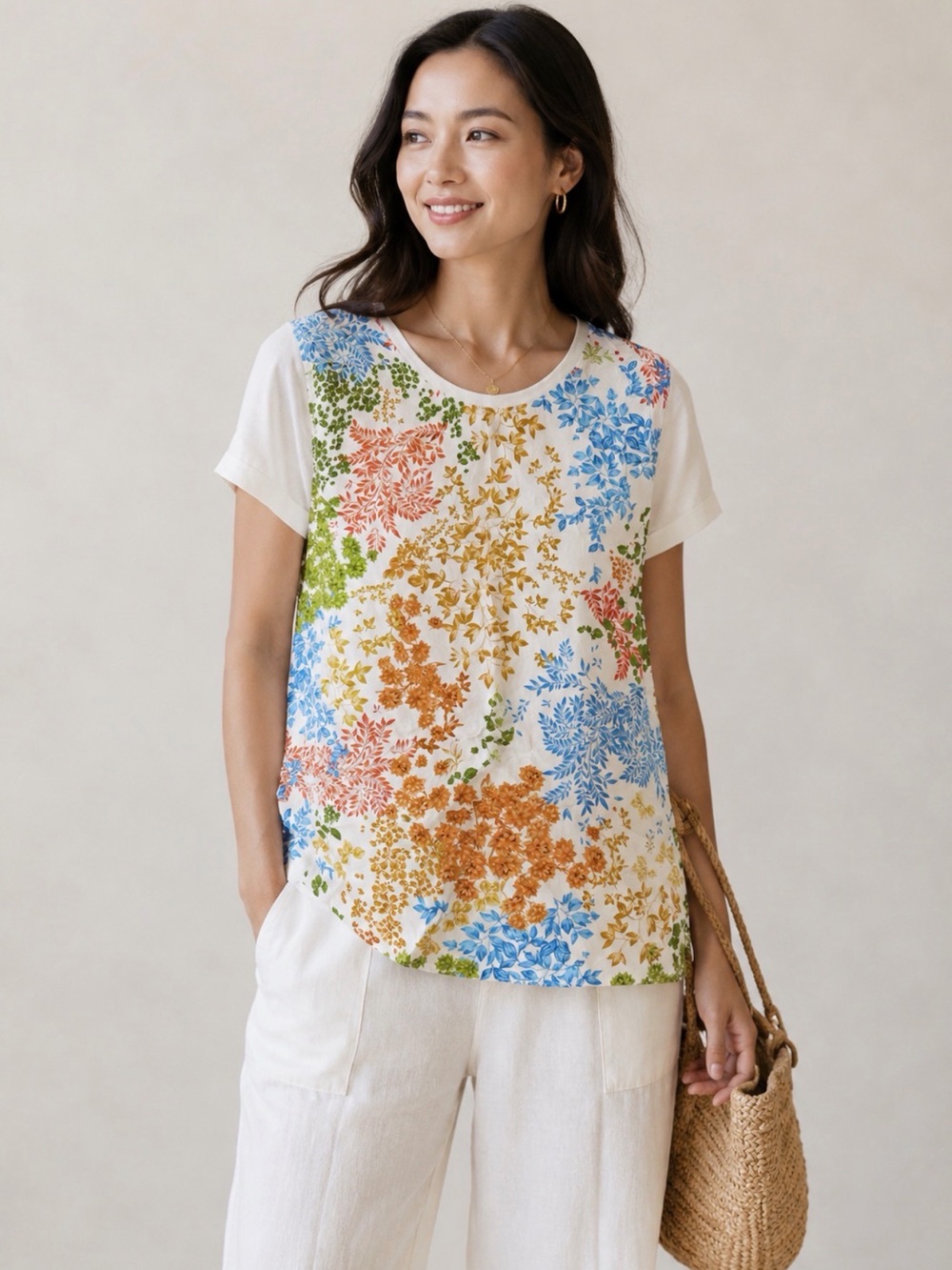 Escada Cream Floral Crewneck Top with Blue, Orange & Green Details
